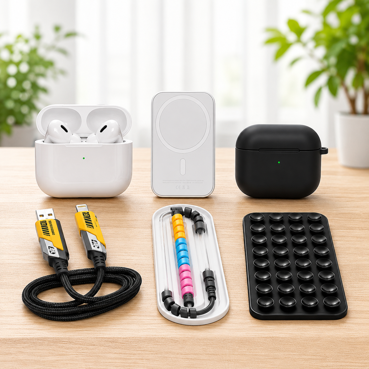 6 in 1 combo - UNI PODS PRO 2 FREE MAGSAFE POWERPACK 10000 MAH FREE 4 IN 1 MULTI CHARGING CABLE with silicon cover with sticky pods with cable protector