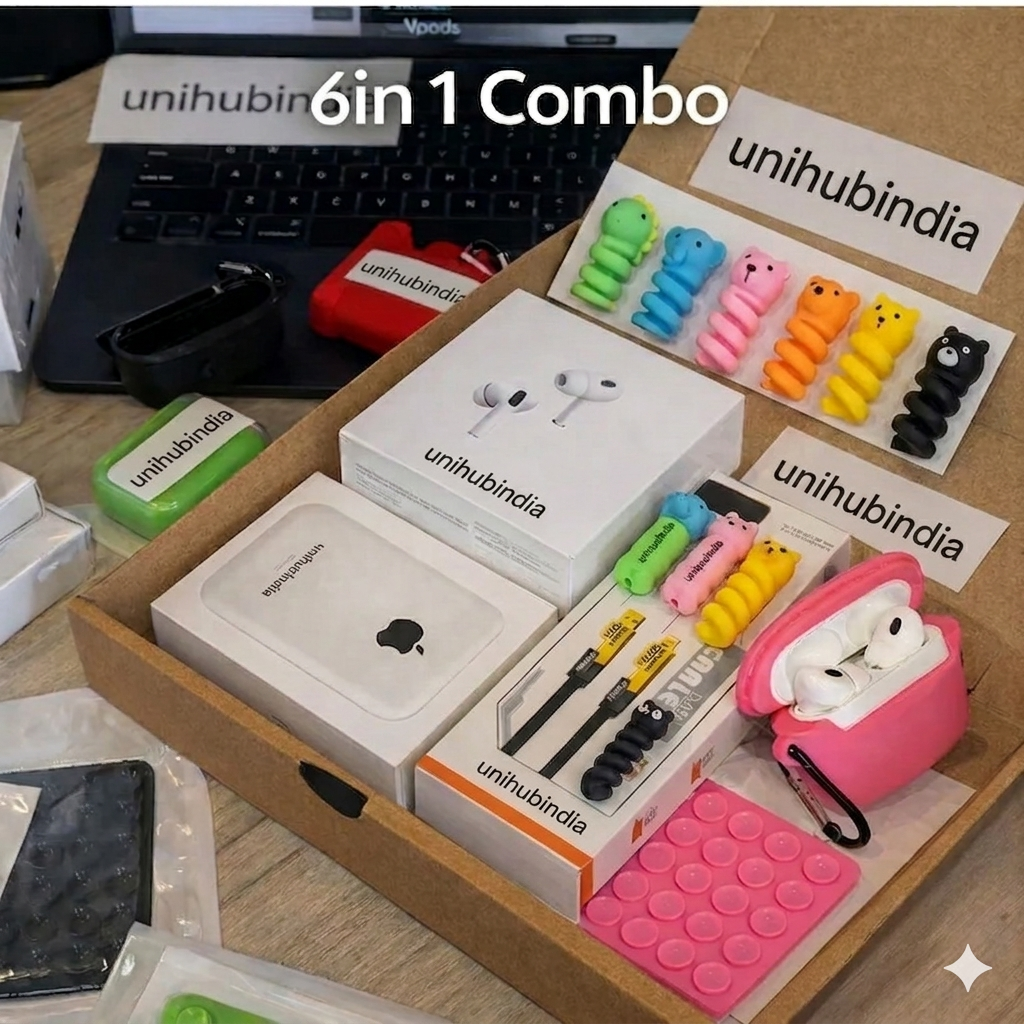 6 in 1 combo - UNI PODS PRO 2 FREE MAGSAFE POWERPACK 10000 MAH FREE 4 IN 1 MULTI CHARGING CABLE with silicon cover with sticky pods with cable protector